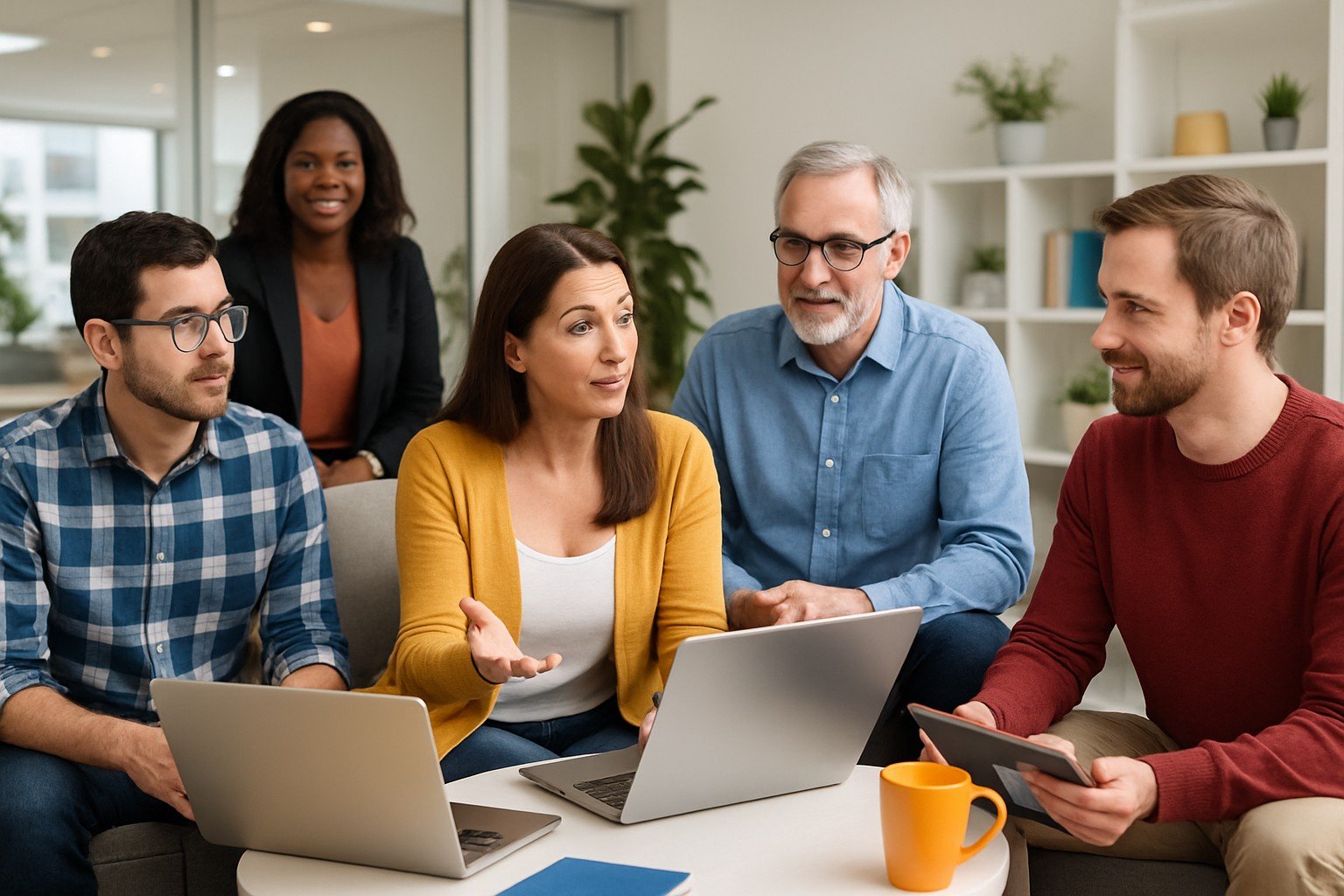 Small business owners with laptop discussing using AI tools and marketing help – HomePage simple website solution